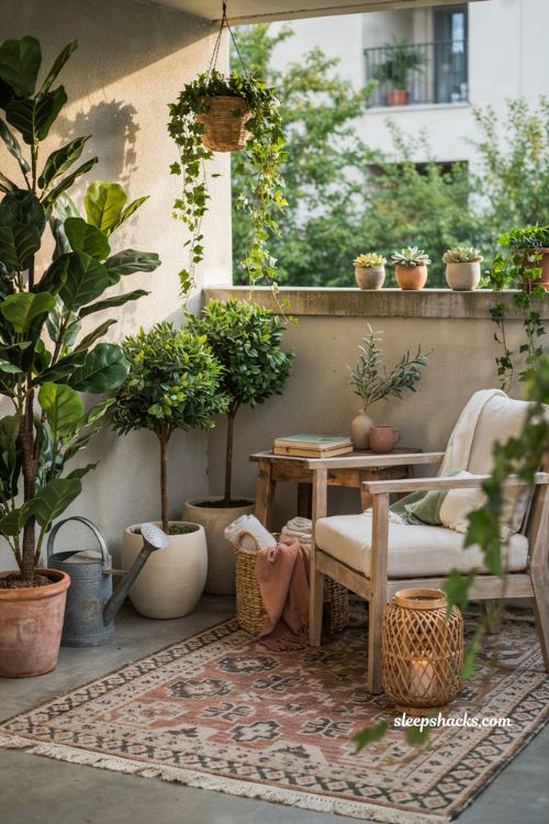 Patio decorating ideas on a budget with realistic faux greenery and cozy outdoor seating