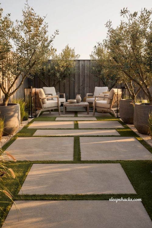 Paver patio ideas on a budget with artificial turf and floating concrete pavers