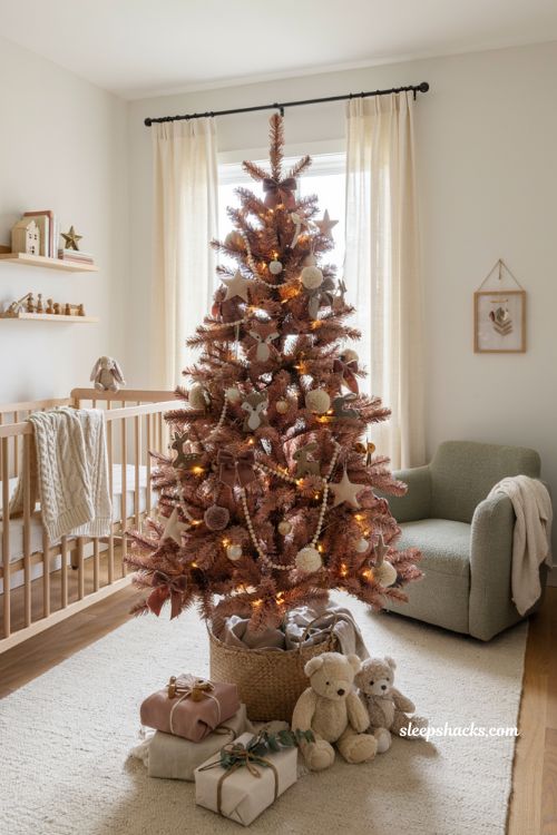 Pink Christmas tree in woven toy basket with cozy nursery holiday decor ideas