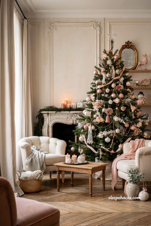 Pink and pearl macaron Christmas tree with elegant blush holiday decor ideas