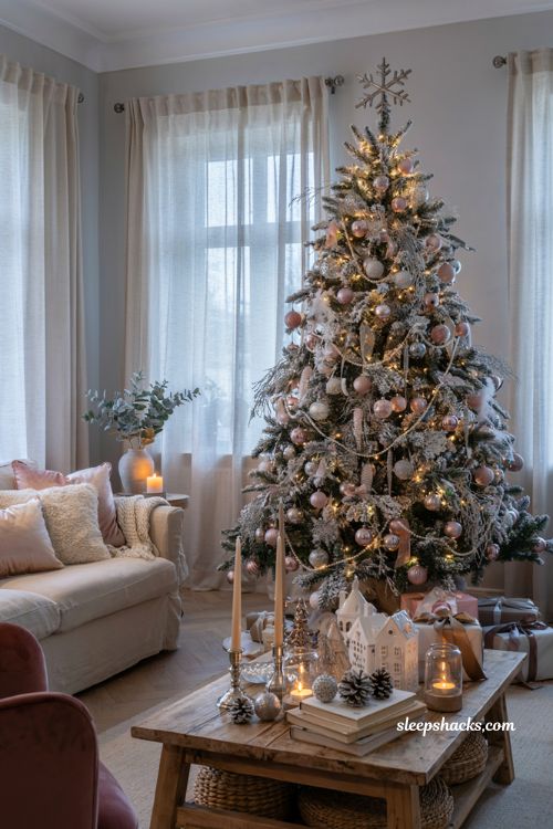 Pink and silver christmas living room with a frosted tree and elegant winter holiday decor