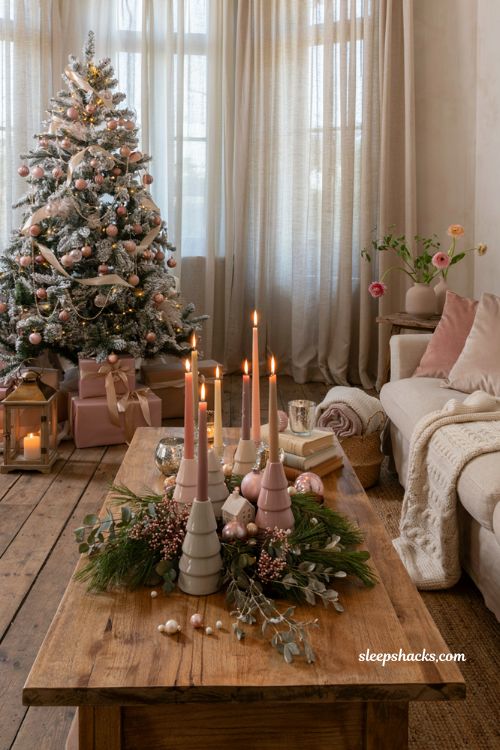 Pink christmas candle centerpiece with blush taper candles and cozy living room holiday decor