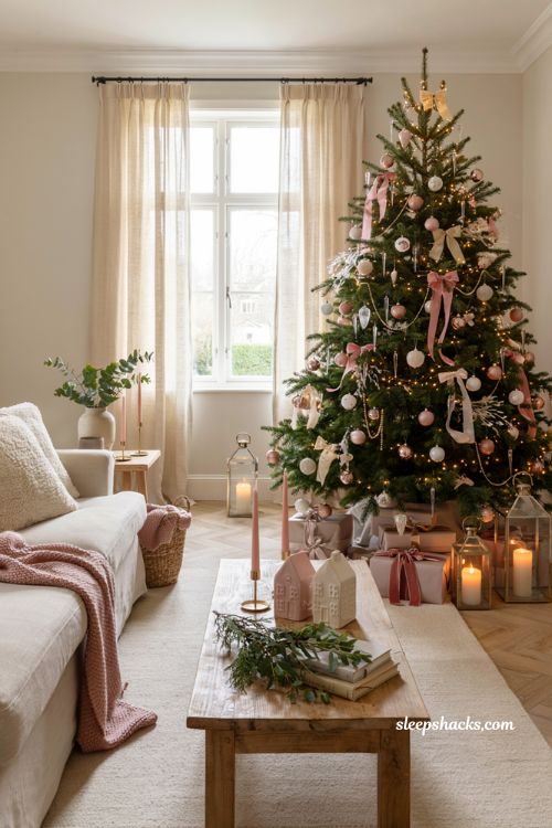 Pink christmas decor ideas for a cozy living room with blush holiday styling