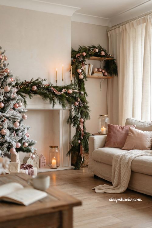 Pink christmas garland with blush ornaments and frosted pinecones in a cozy living room