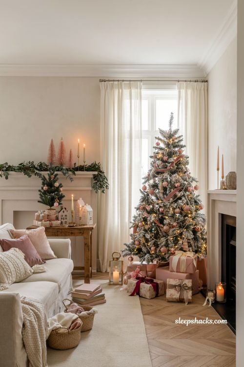 Pink christmas gifts wrapped in blush paper beneath a cozy living room tree