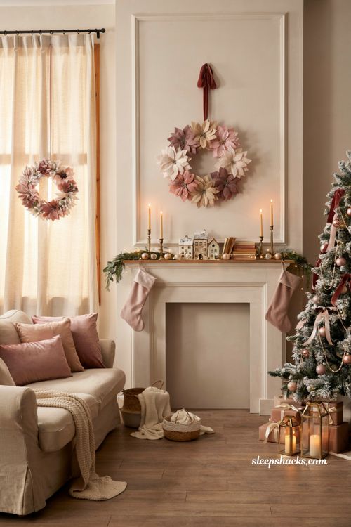 Pink christmas living room with a bold blush wreath above the fireplace