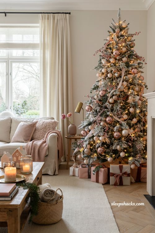 Pink christmas living room with a flocked blush tree and elegant holiday decor