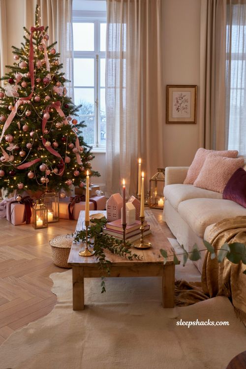 Pink christmas living room with blush and gold holiday decor ideas