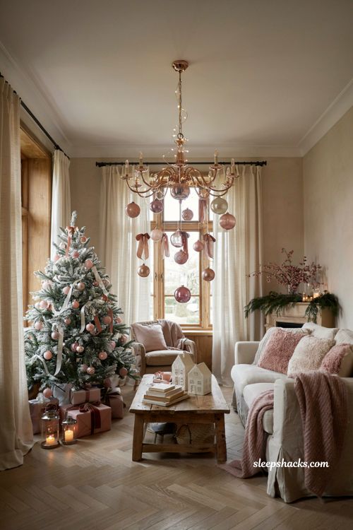 Pink christmas living room with blush ornaments hanging from a chandelier