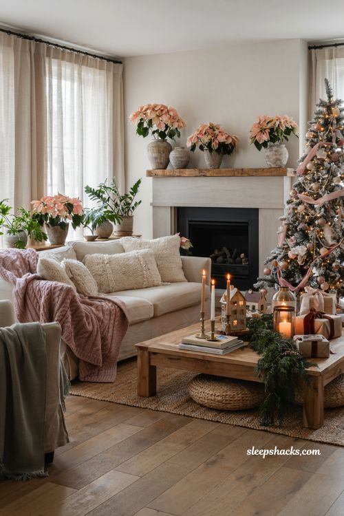 Pink christmas living room with blush poinsettias and elegant holiday floral decor