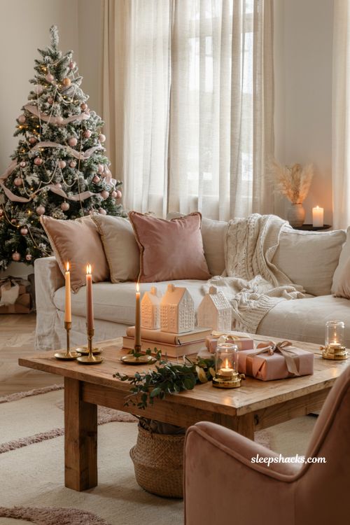 Pink christmas living room with blush velvet throw pillows and cozy holiday styling