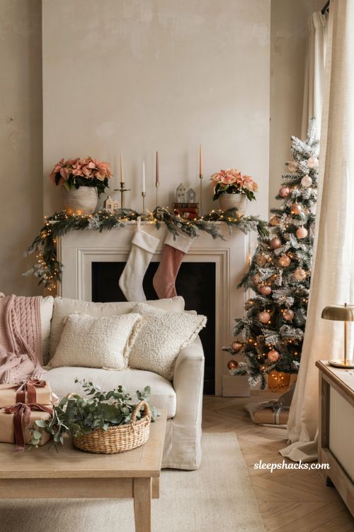 Pink christmas mantel decor ideas with soft neutral holiday styling and blush accents