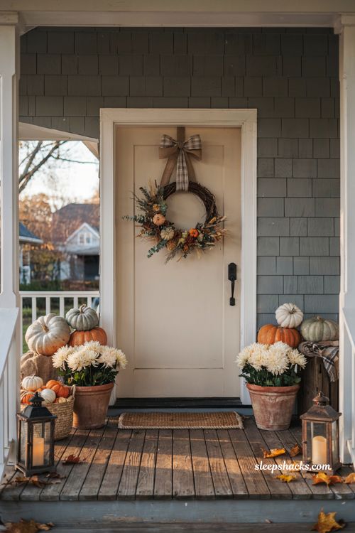 Pumpkin porch decor with a pumpkin wreath and layered autumn front entry