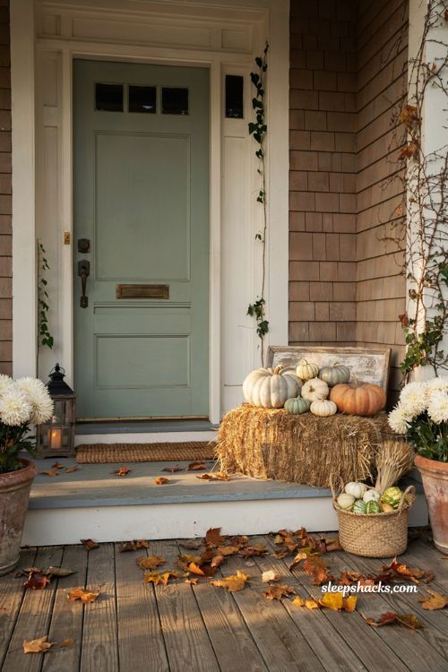 Pumpkin porch decor with a rustic hay bale and layered autumn pumpkins