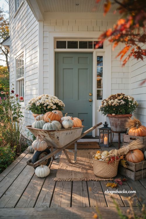 Pumpkin porch decor with a vintage wheelbarrow overflowing with fall pumpkins