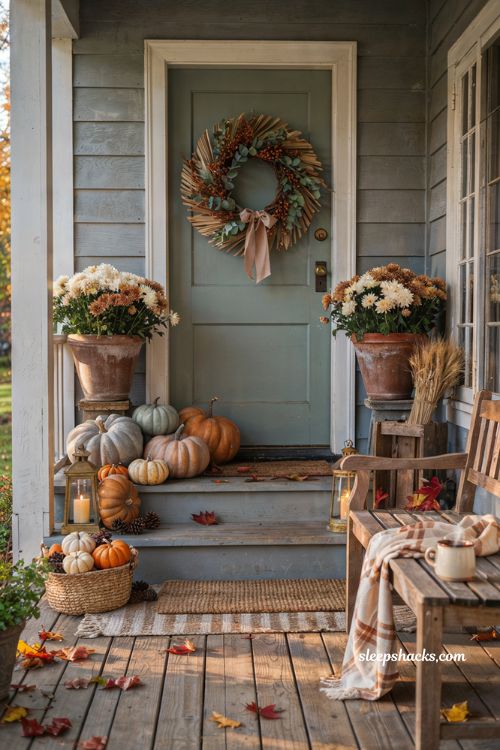 Pumpkin porch decor with cozy autumn styling and layered fall entryway
