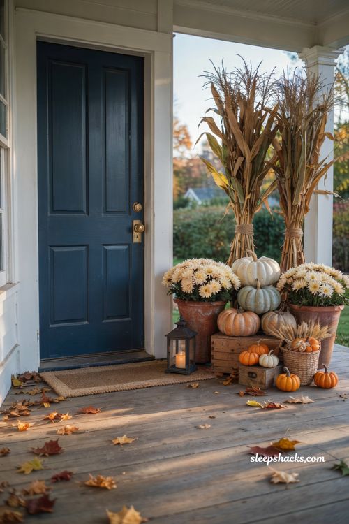 Pumpkin porch decor with dried corn stalks and layered autumn pumpkins