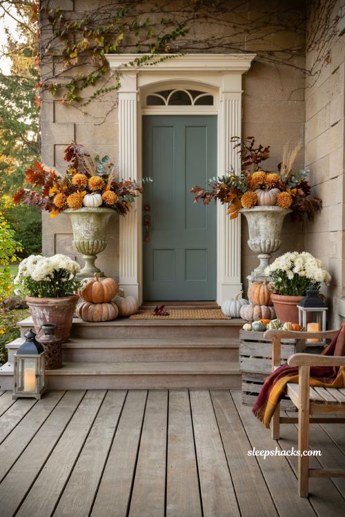 Pumpkin porch decor with elegant urn planters filled with pumpkins and fall foliage