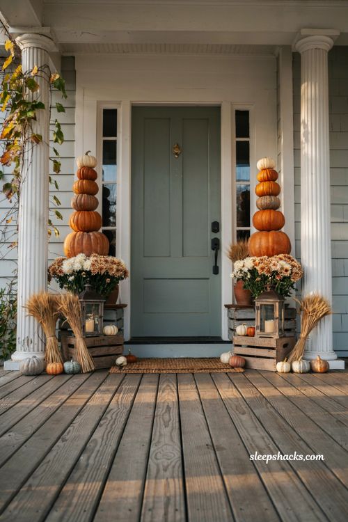 Pumpkin porch decor with graduated stacked pumpkins framing the front door