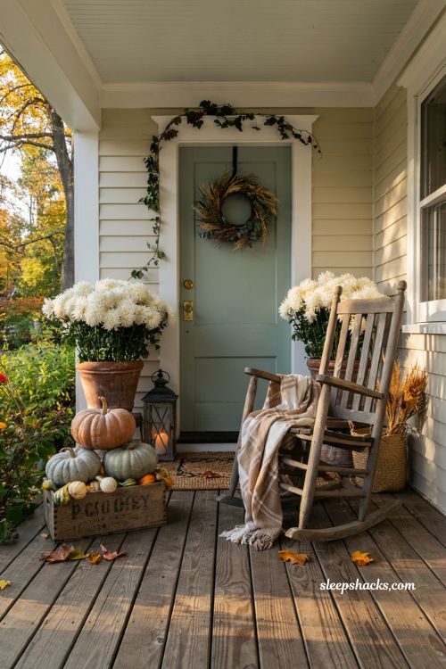 Pumpkin porch decor with layered pumpkins in a vintage wooden crate