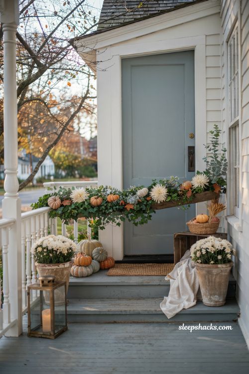 Pumpkin porch decor with mini pumpkins tucked into porch railing planters