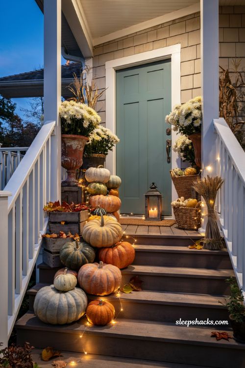 Pumpkin porch decor with warm string lights for a cozy autumn evening