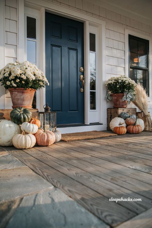 Pumpkin porch decor with white and orange pumpkins on a cozy fall front porch