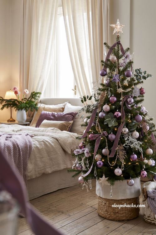 Purple and lavender glam Christmas tree with elegant bedroom holiday decor ideas