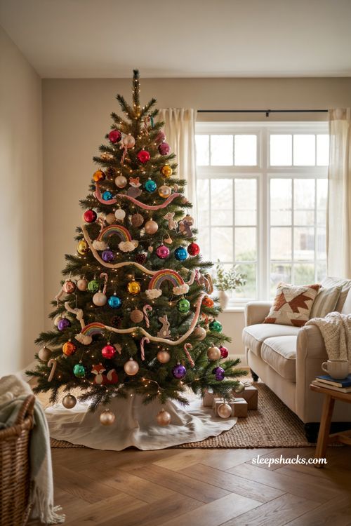Rainbow Christmas living room decor idea with colorful ornaments on a neutral base tree and cream linen skirt