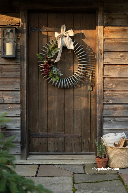 Recycled bed spring christmas wreath with rustic industrial farmhouse holiday decor