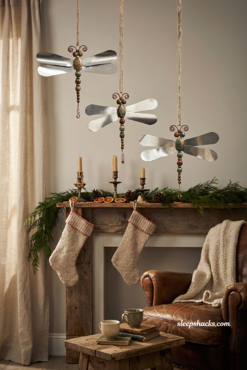 Recycled soda can dragonfly christmas ornaments with rustic handmade holiday decor