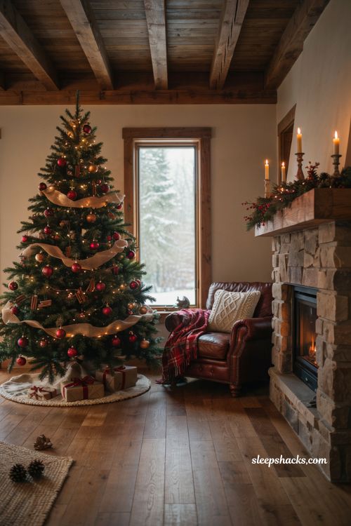 Red and brown rustic Christmas living room decor idea with wooden accents crimson ornaments and warm lighting