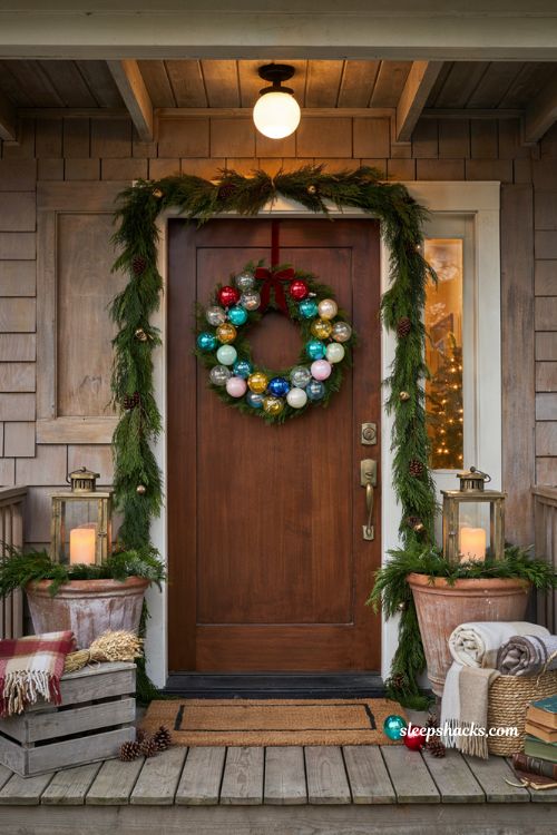 Retro Christmas front door ideas with colourful bulb wreath and evergreen holiday garland