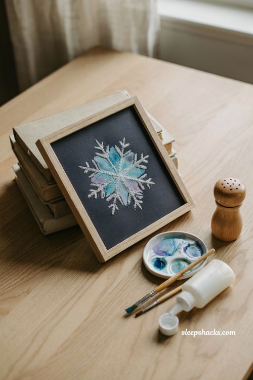 Salt painted snowflake art framed handmade Christmas craft idea and gift