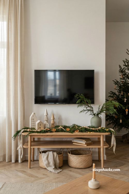 Scandinavian christmas decor ideas for a living room tv stand with natural nordic styling