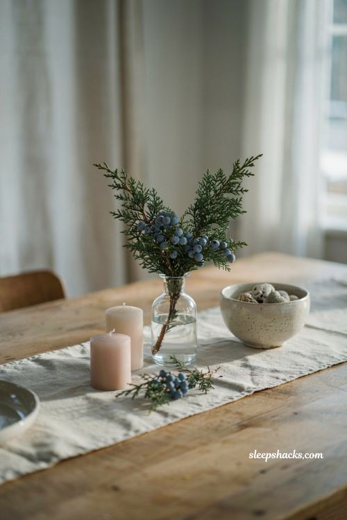 Scandinavian christmas table setting with fresh juniper stems dusty blue berries and white candles