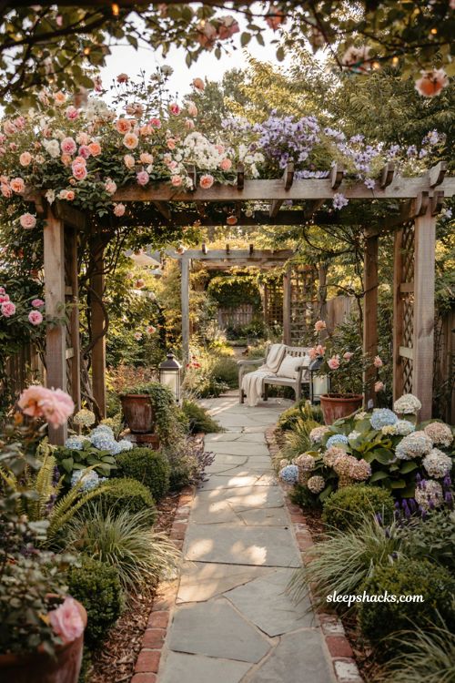 Side yard landscaping ideas with cedar arbor pergola and cozy cottage garden walkway