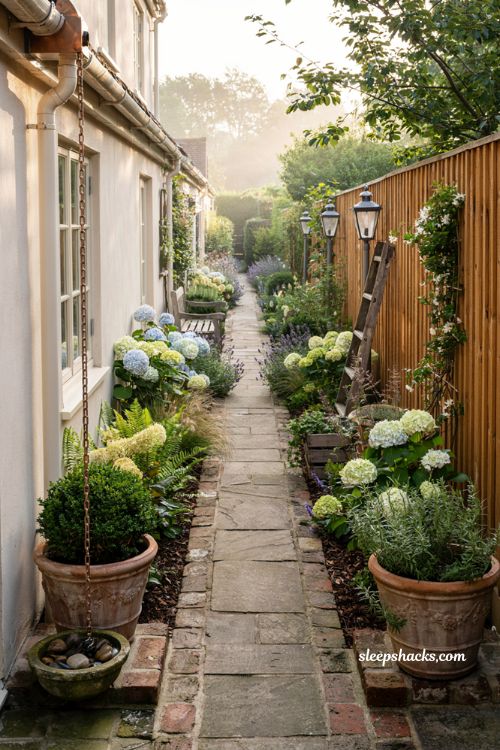 Side yard landscaping ideas with cozy cottage garden pathway and narrow side yard makeover