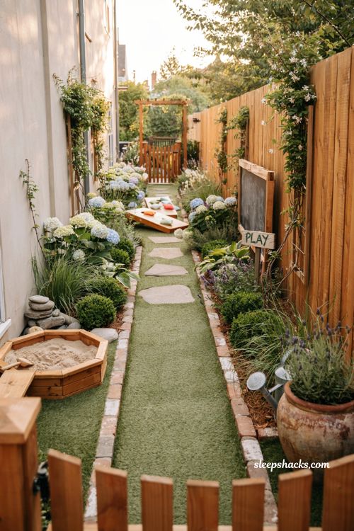 Side yard landscaping ideas with cozy kids play space and modern cottage garden design