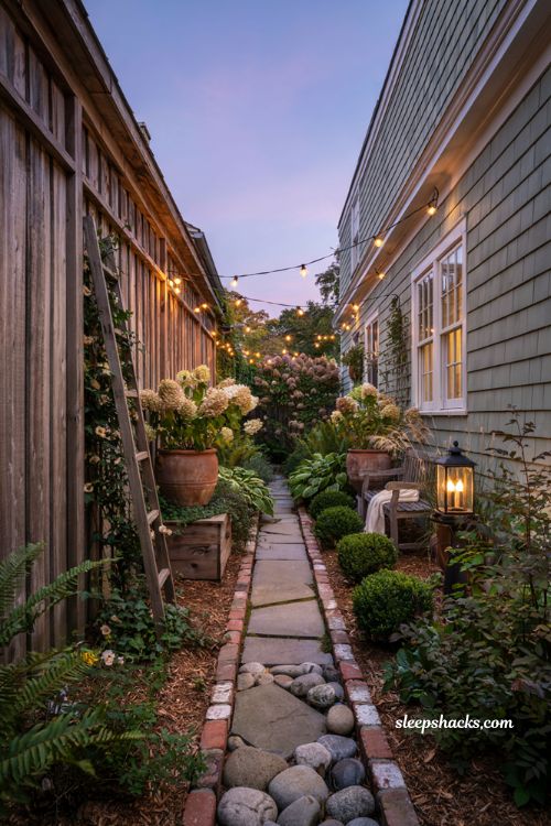Side yard landscaping ideas with cozy string lights and cottage garden evening walkway