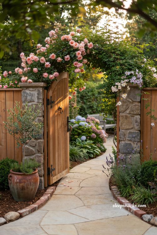 Side yard landscaping ideas with custom cedar gate and cozy cottage garden entrance