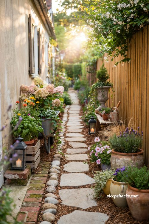Side yard landscaping ideas with layered container garden and cozy cottage garden walkway