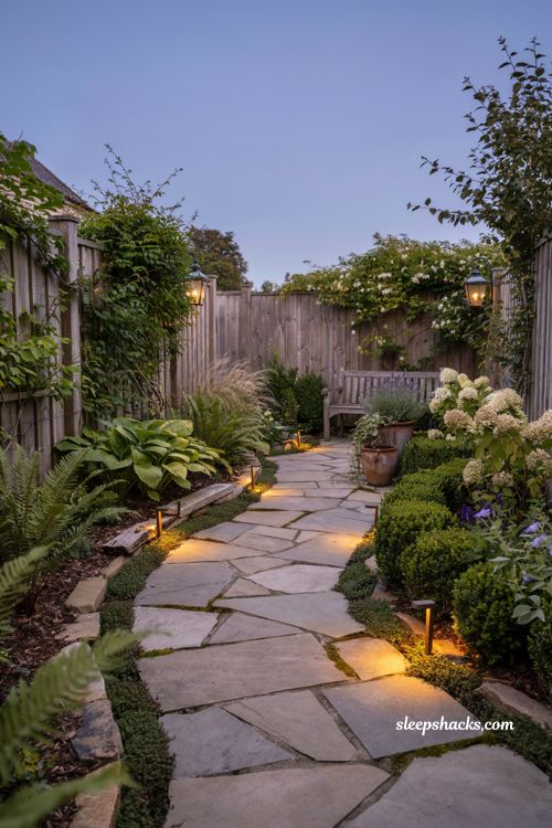 Side yard landscaping ideas with low voltage path lighting and cozy cottage garden walkway