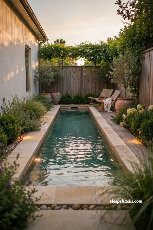 Side yard landscaping ideas with modern plunge pool and cozy cottage garden retreat