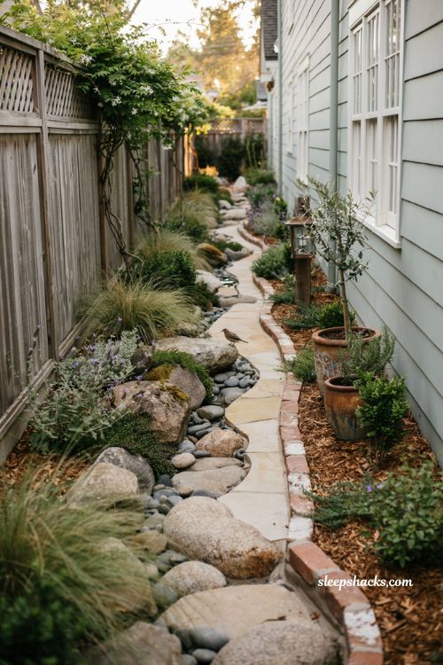 Side yard landscaping ideas with natural dry creek bed and cottage garden pathway