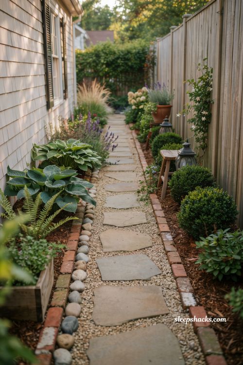 Side yard landscaping ideas with natural flagstone garden path and cozy cottage walkway