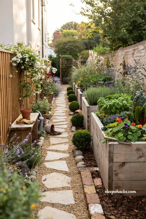 Side yard landscaping ideas with raised cedar garden beds and cozy cottage kitchen garden