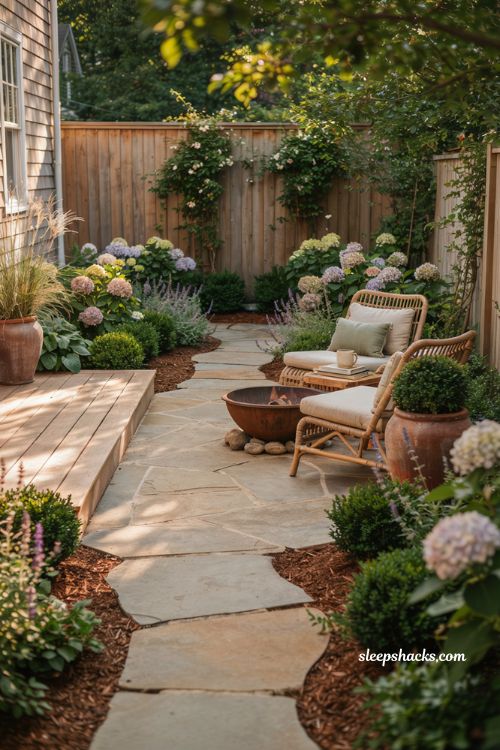 Side yard landscaping ideas with small deck patio and cozy modern cottage outdoor retreat