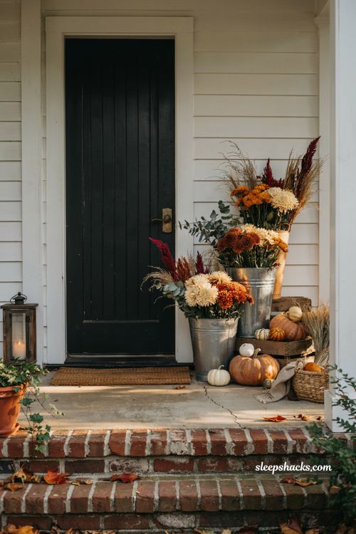 Simple fall porch decorating ideas with galvanized buckets flowers pumpkins and cosy farmhouse autumn entry