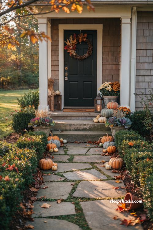 Simple fall porch decorating ideas with pumpkins mums and autumn decor extending into the front yard